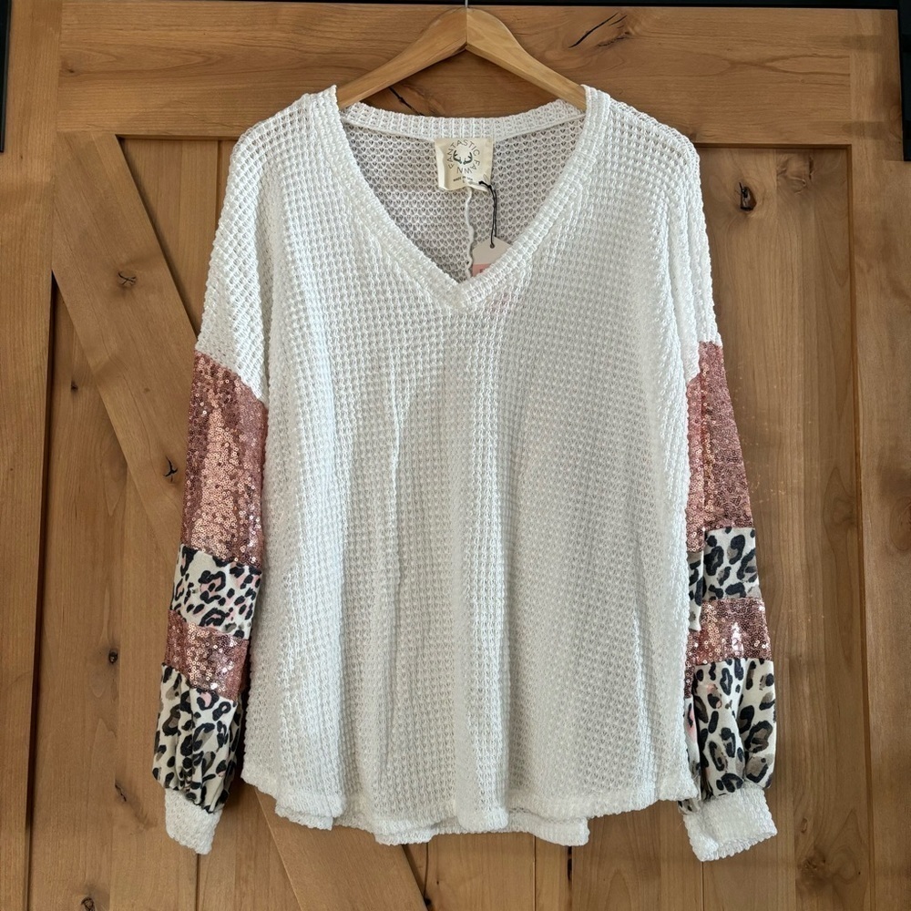 FANTASTIC FAWN Mixed Media Sweater Sequins Animal Print Size Large
